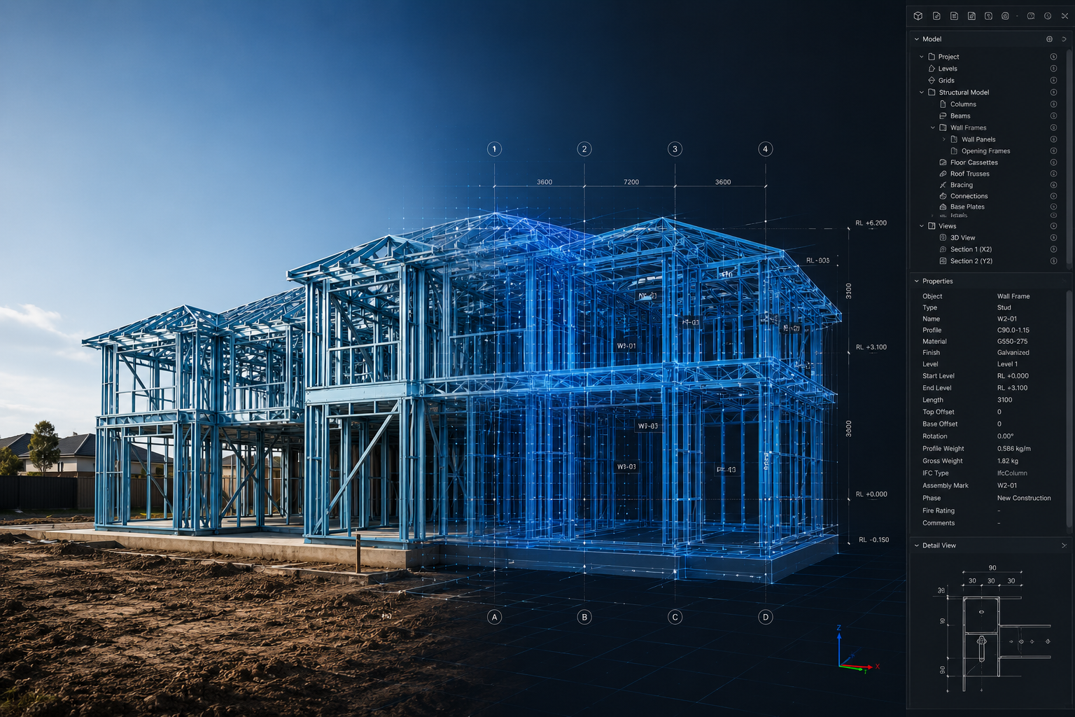 3D BIM wireframe model of a light gauge steel frame house under construction